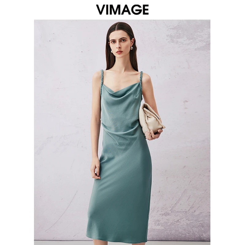 VIMAGE纬漫纪新款气质慵懒荡领修身显瘦吊带连衣裙V2107733
