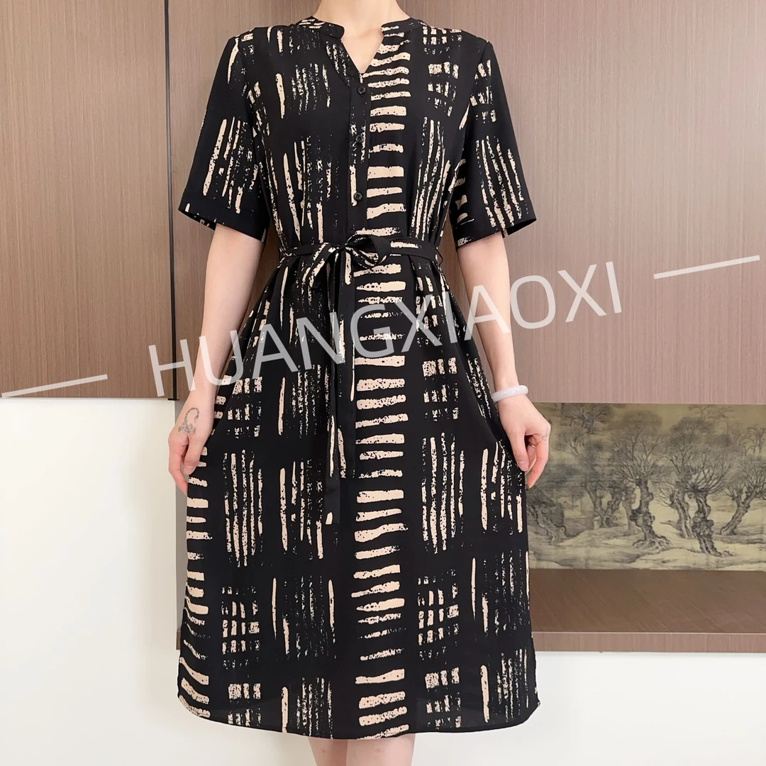 HUANGXIAOXI 黑底杏色条纹高级感显瘦百搭连衣裙 HXX-107