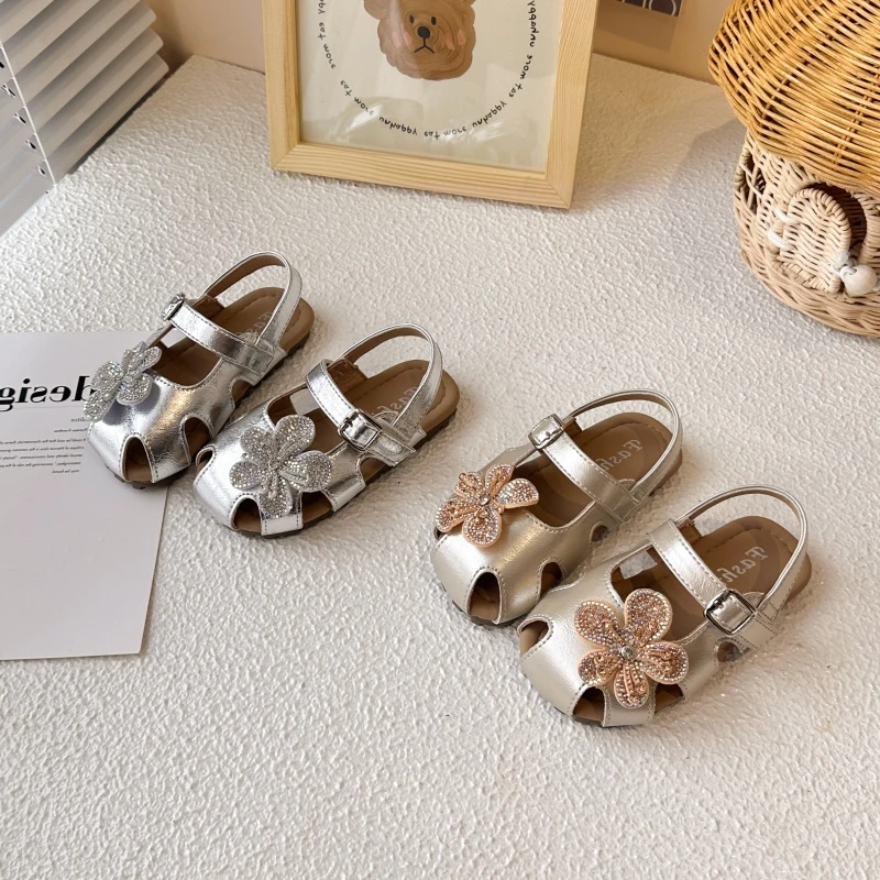 21-30女童凉鞋夏季新款公主鞋花朵水钻小女孩包头防滑软底凉鞋x22
