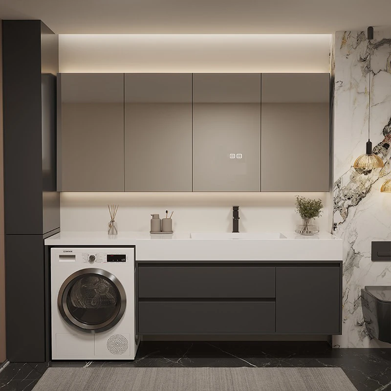 现代简约浴室阳台洗衣机柜一体盆岩板无缝陶瓷盆洗衣机柜台盆一体