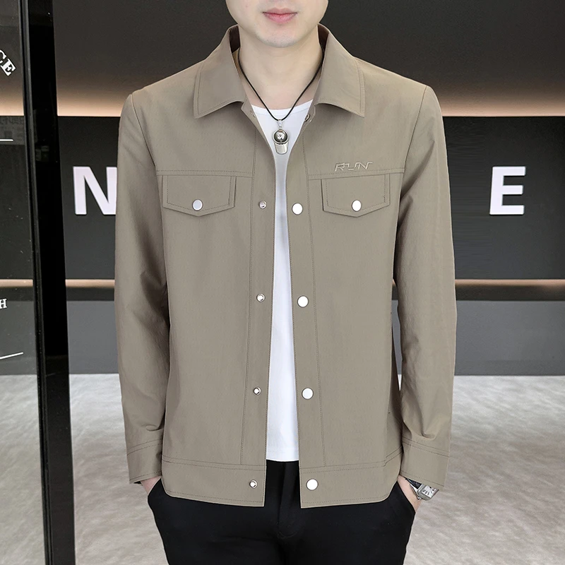 男士春秋季夹克翻领休闲外套纯色商务薄款褂子潮流上衣