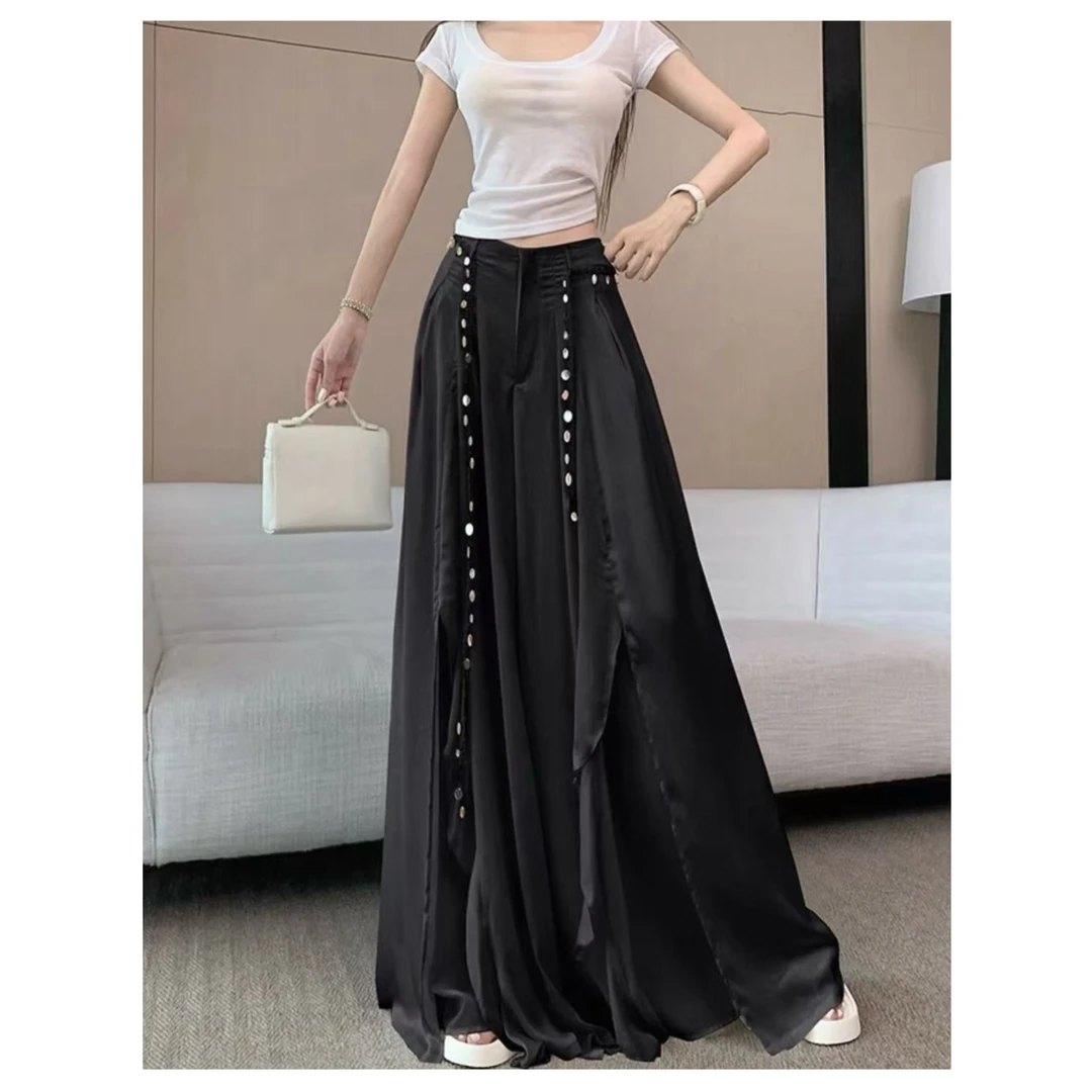 【赠送腰带】夏季薄款时尚高腰阔腿裤裙不规则荷叶边开叉阔腿裤