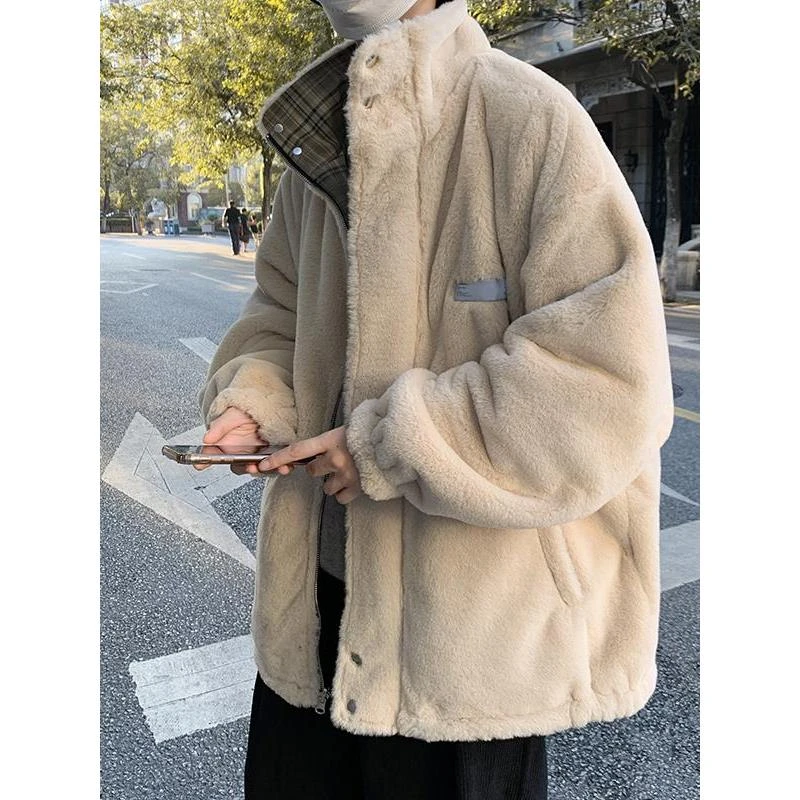 FAVMARTHA秋冬两面穿潮流男款小香风痞帅格子翻领加绒保暖休闲加