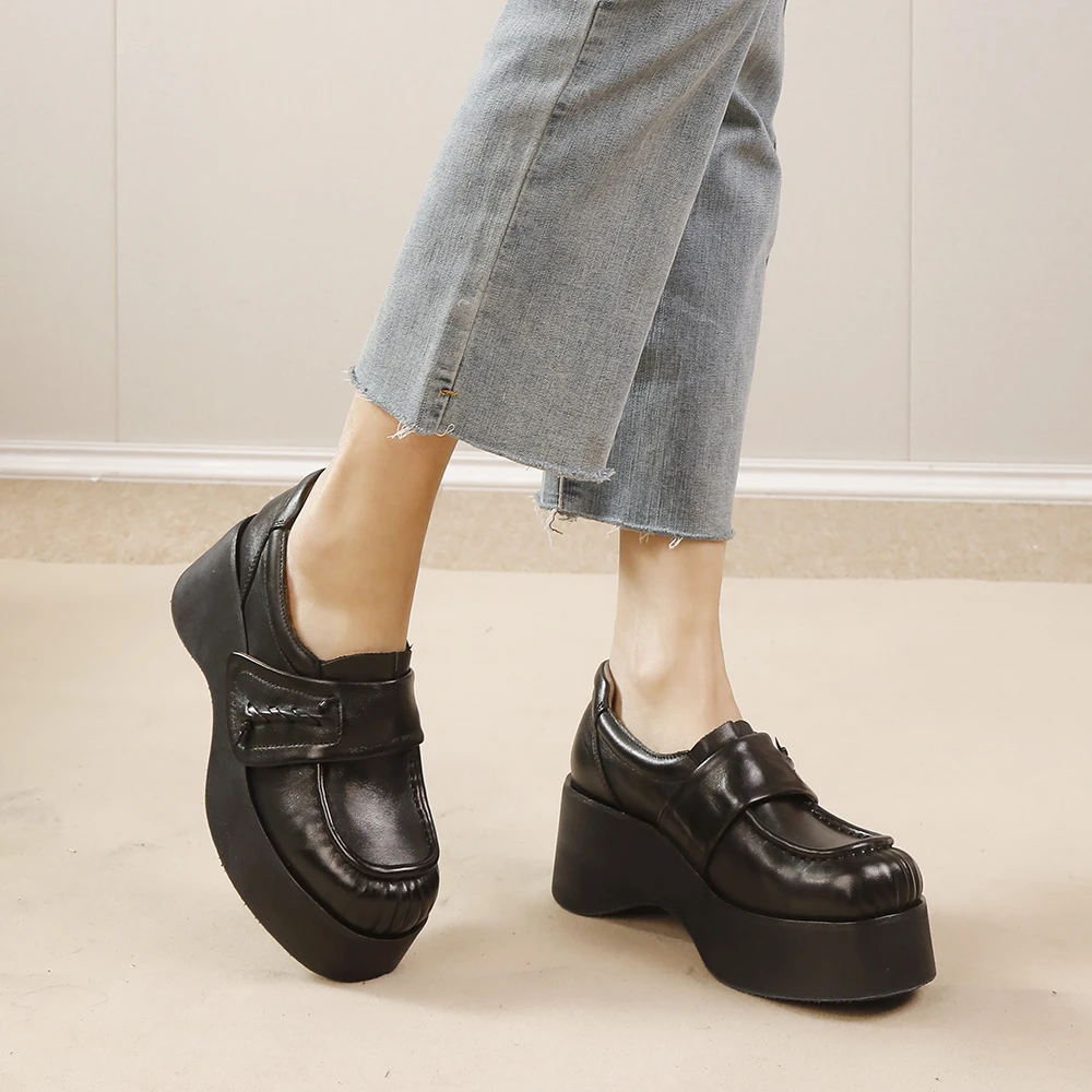 谜丫蜜原创马皮厚底鞋女2025年春夏新款复古真皮擦色四季单鞋子