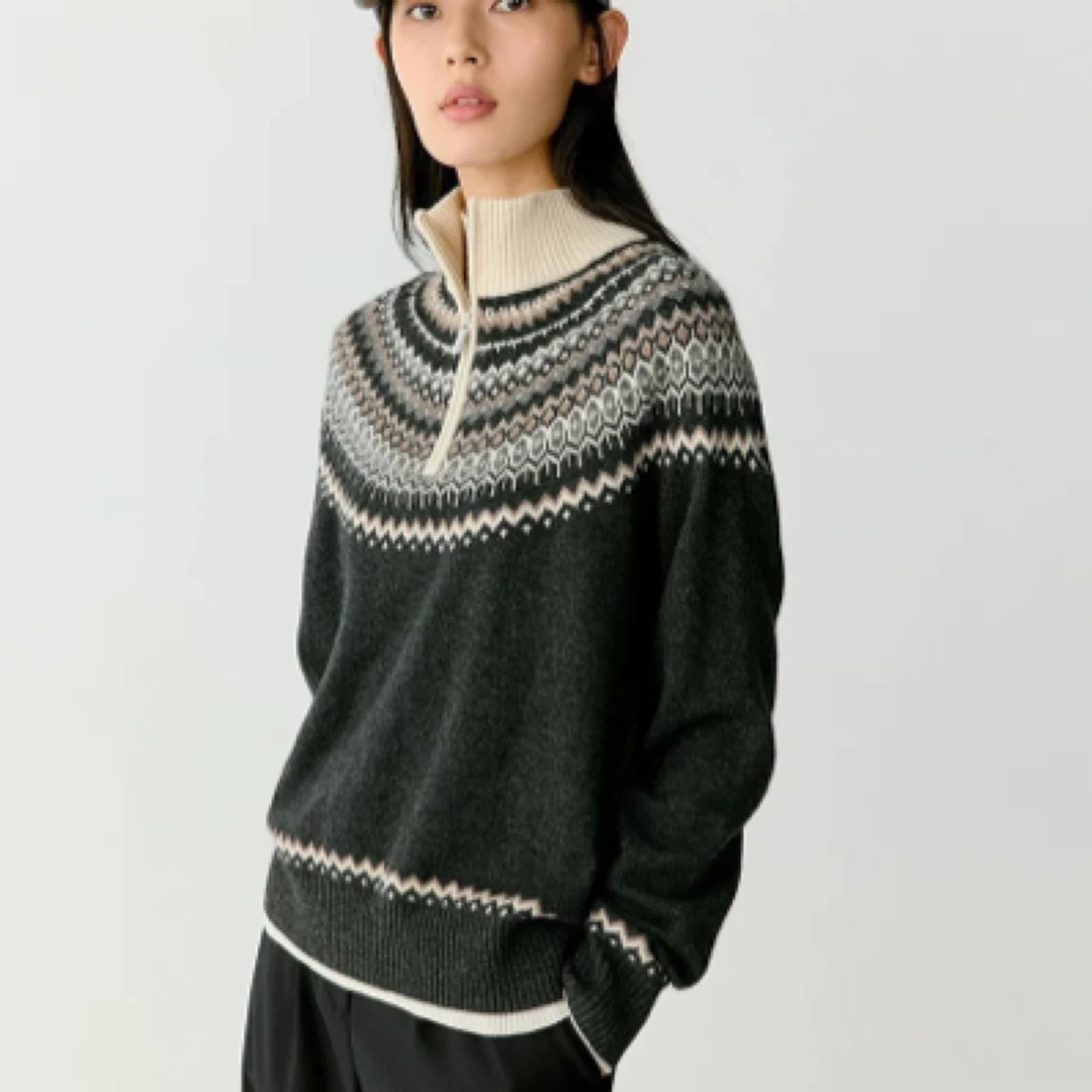 MZ.爆款秋冬女士长袖针织衫慵懒感费尔岛提花图案半拉链上衣XZ251