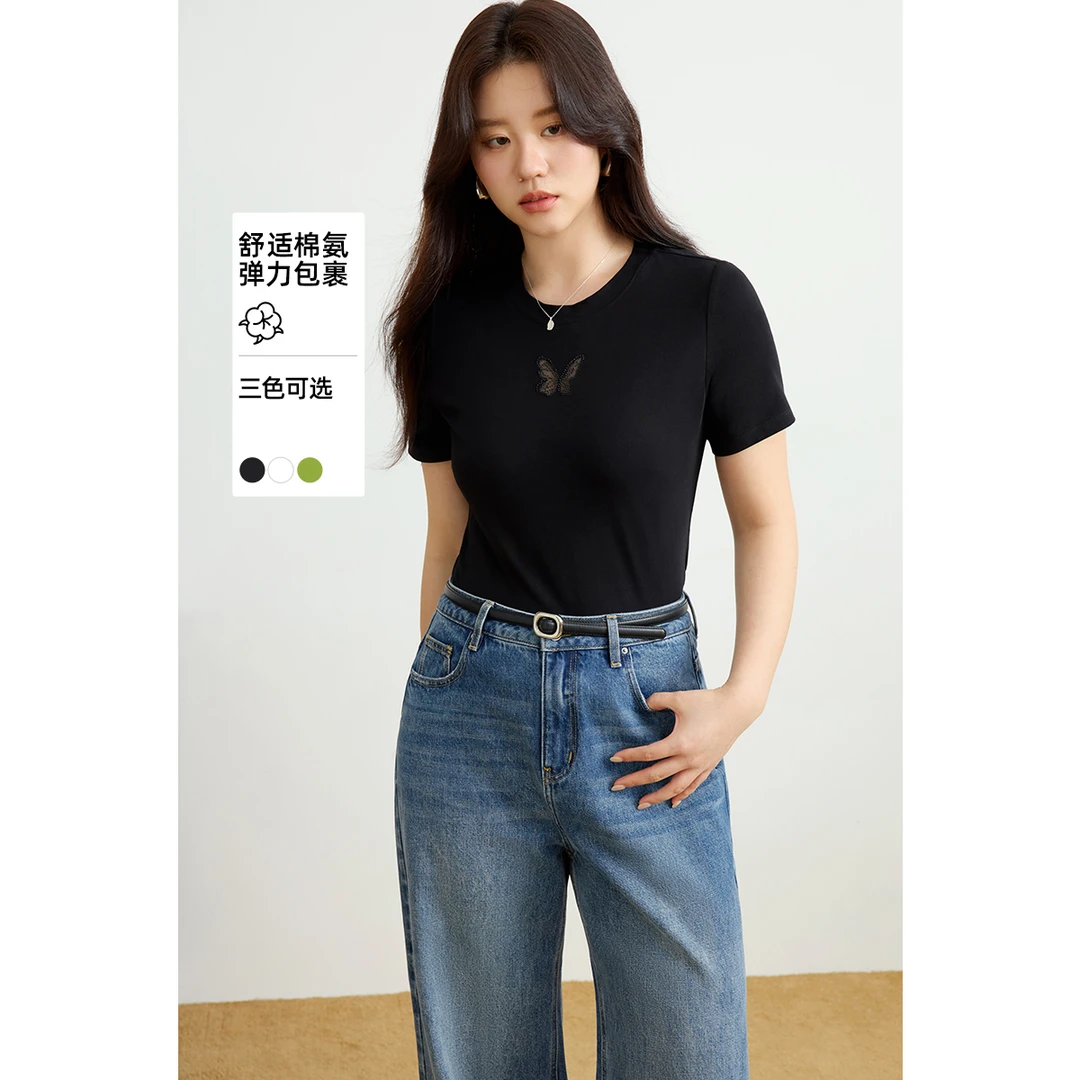 独束微胖大码女装镂空网纱蝴蝶绣花圆领T恤通勤短袖上衣25DS81307