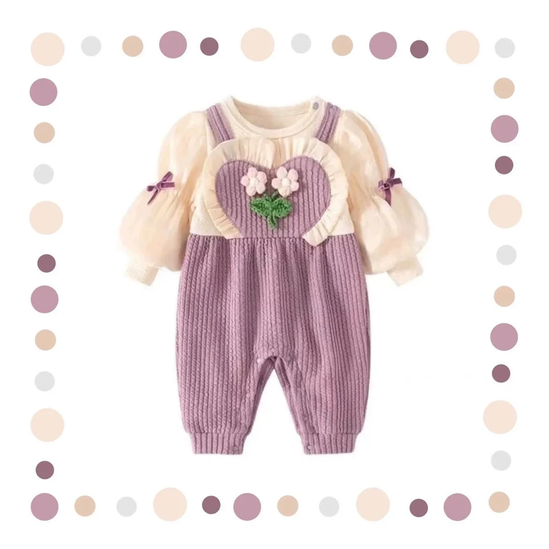 2025春秋女包屁连体哈衣温柔公主风小清新周岁服可爱针织花朵哈衣