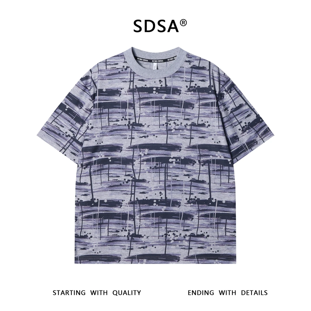 夏季高级感新款潮牌撞色抽象图案圆领短袖T恤百搭简约套头上衣