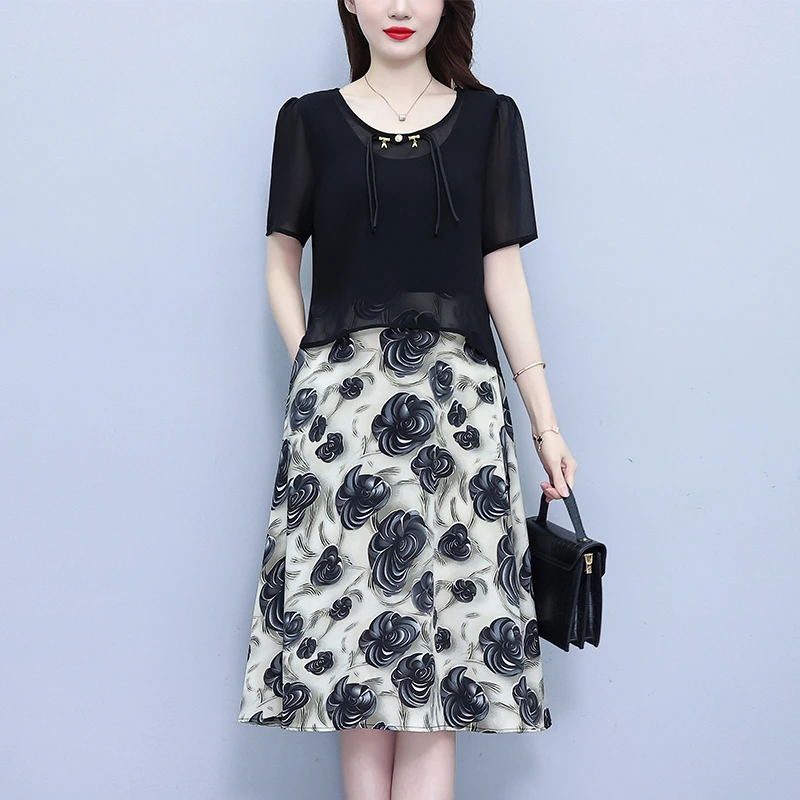 高档气质假两件连衣裙女夏季新款遮肚子显瘦时尚优雅妈妈