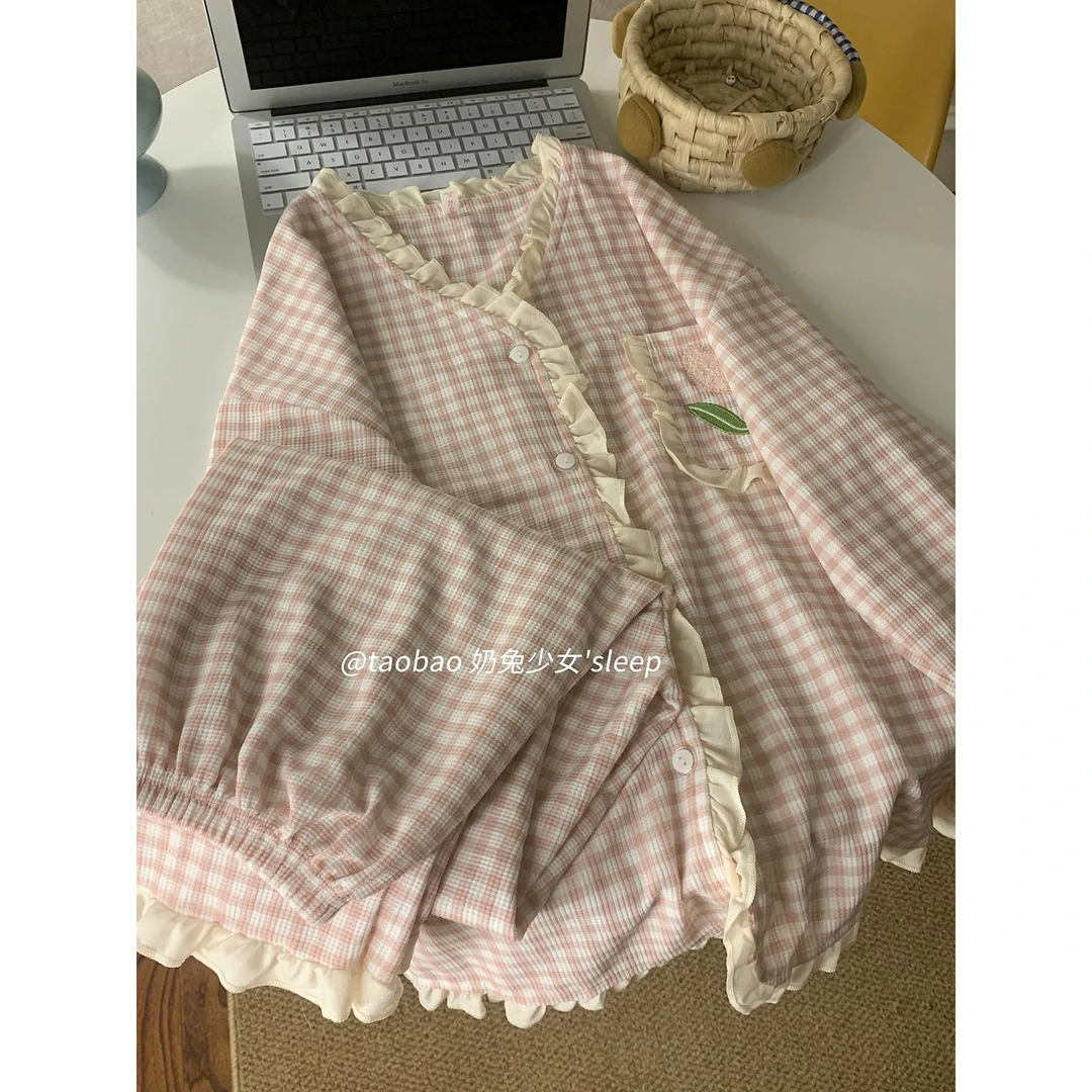 日系少女粉色格子长袖睡衣女纯棉纱布V领ins郁金香家居服春秋冬季