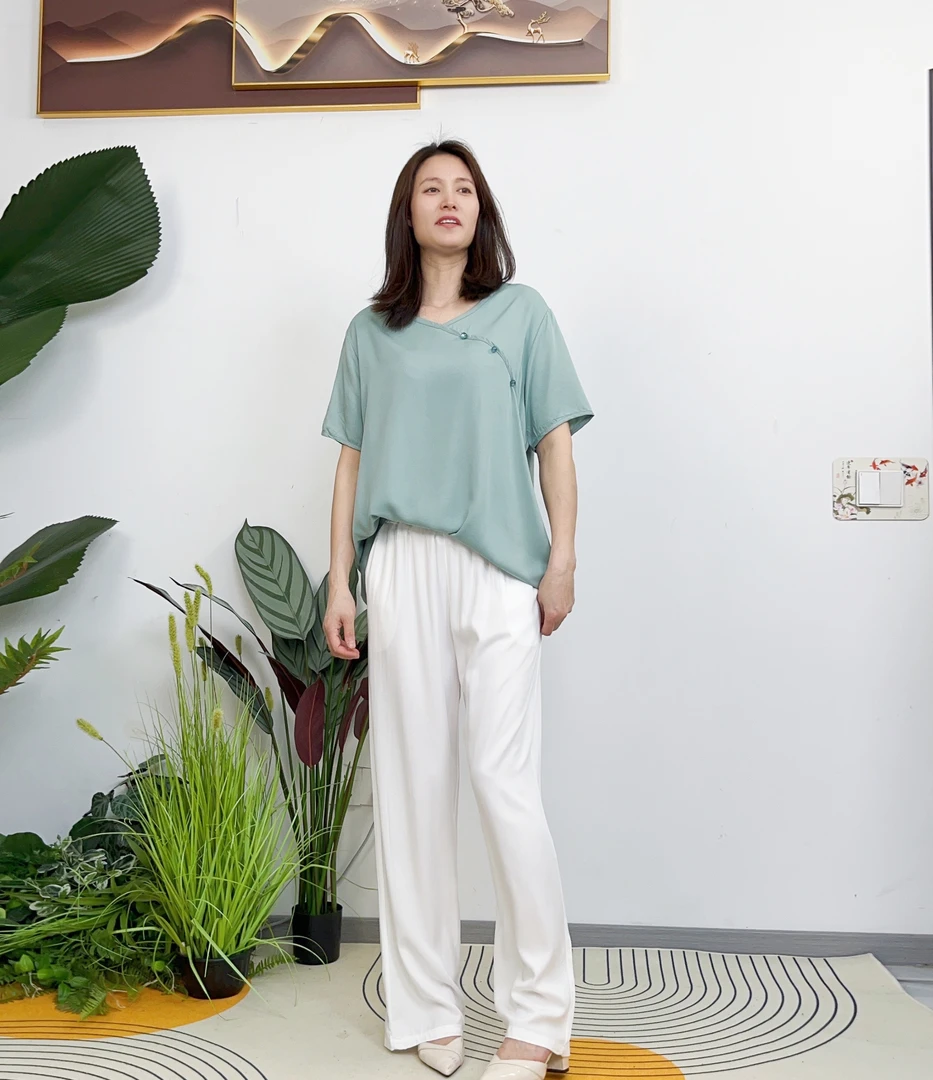A38女士夏纯色棉绸人造棉上衣短袖丝滑高级感简约居家舒适柔软