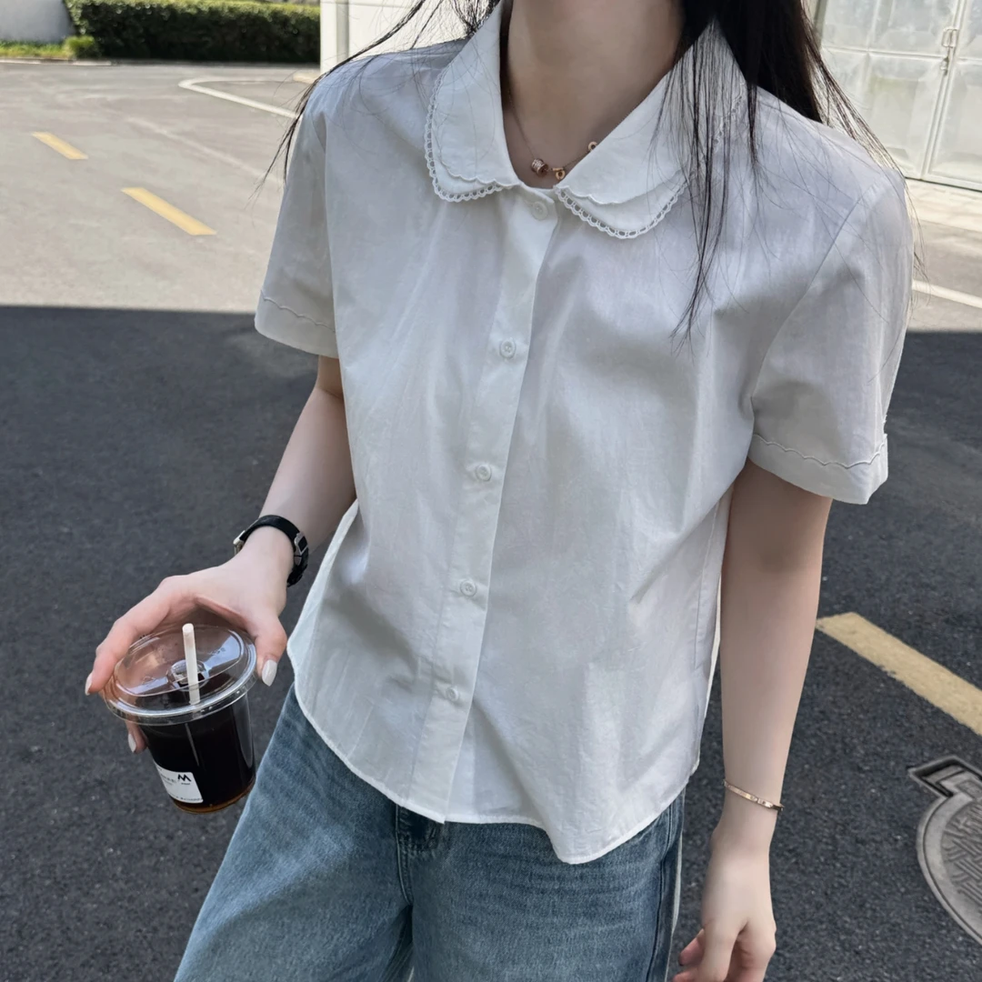 今婷夏季新款法式文艺风百搭可爱花边娃娃领短袖衬衫女-M25223302