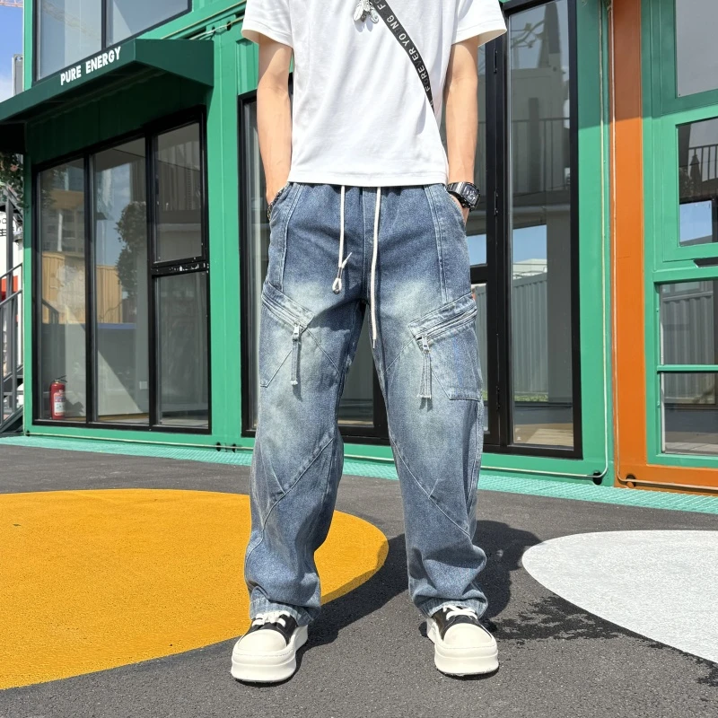 2025秋冬复古美式宽松潮流嘻哈拼接设计感嘻哈美式街头嘻哈牛仔裤
