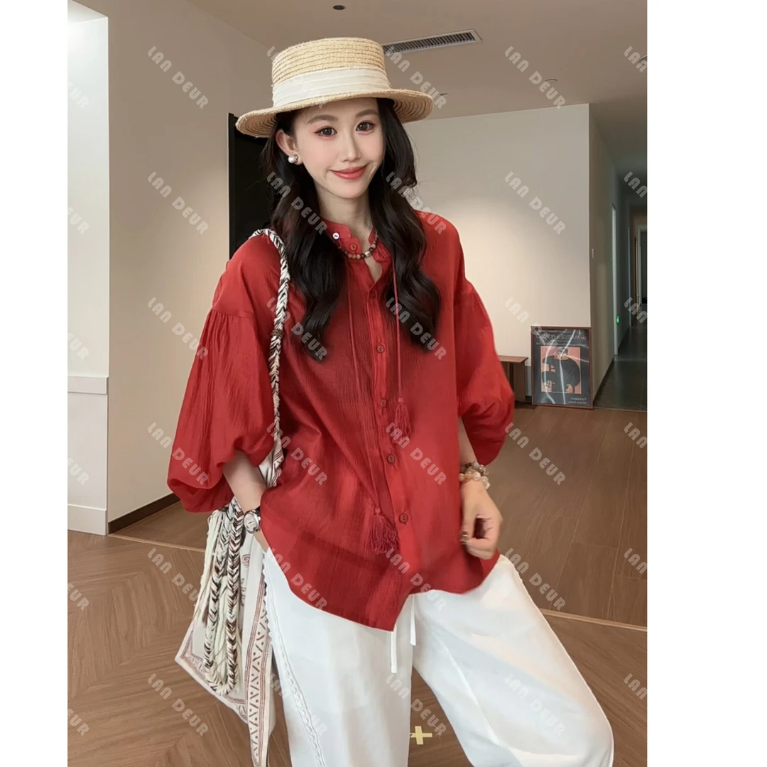 JIUJIU【加州梦境】莱赛尔气质衬衣时尚舒适国风夏季复古宽松衬衫