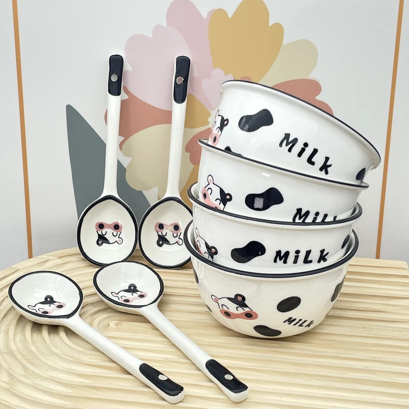 8件套【4碗4勺】4.5英寸家用卡通饭碗奶牛饭碗配长柄创意网红碗