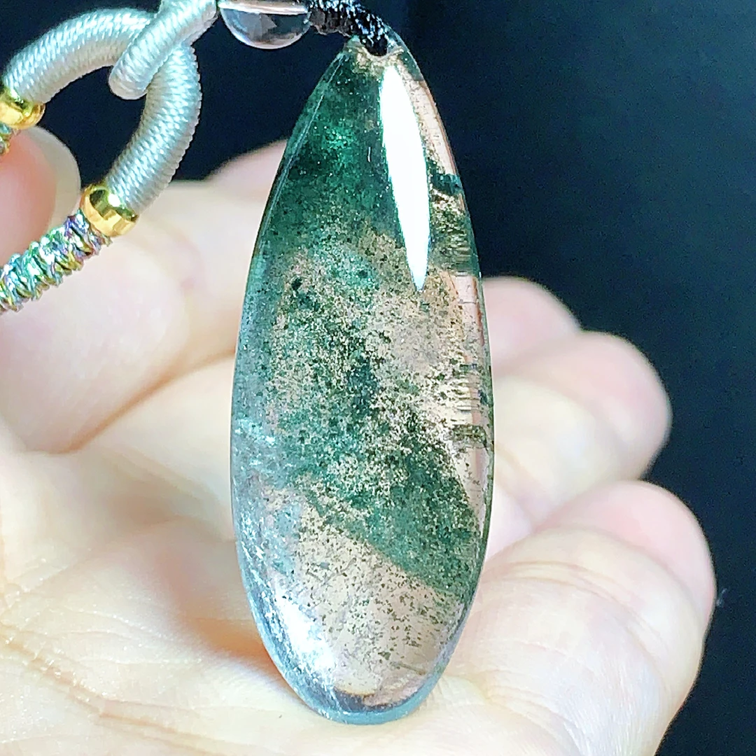 东海水晶天然千层绿幽灵水晶吊坠毛衣链水滴项坠男女款聚宝盆