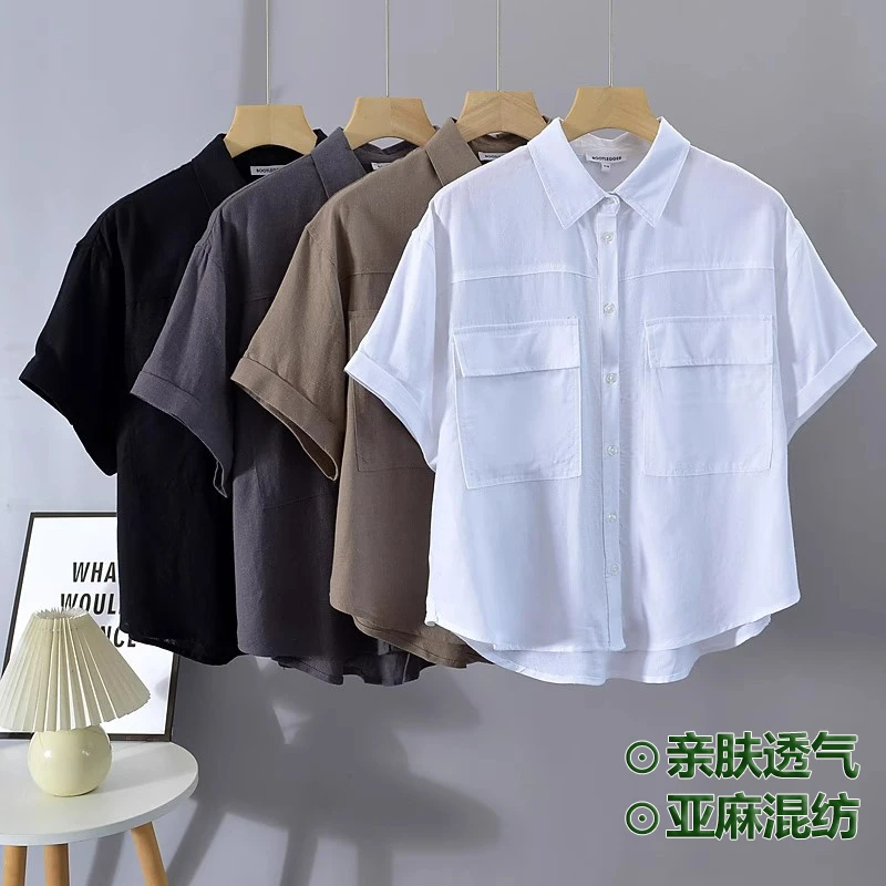 夏季美单大码女士亚麻混纺透气衬衫工装风短袖开衫宽松衬衣Z1393