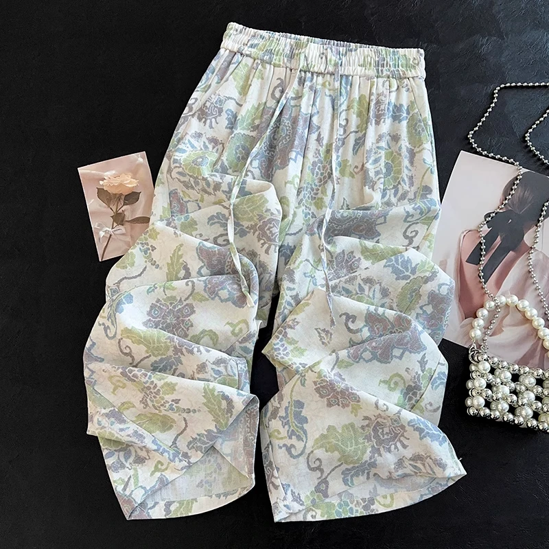 拉夏贝尔直筒裤女夏季薄款2025新款高端印花宽松休闲慵懒风阔腿裤