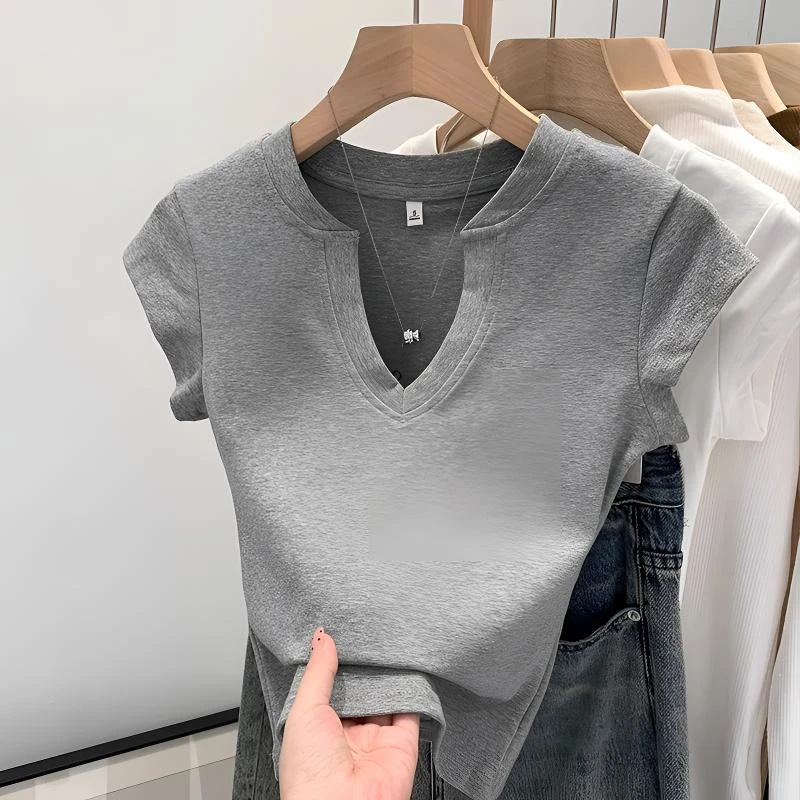 纯欲风灰色百搭显瘦V领短袖T恤女夏季2025新款正肩短款小衫上衣潮