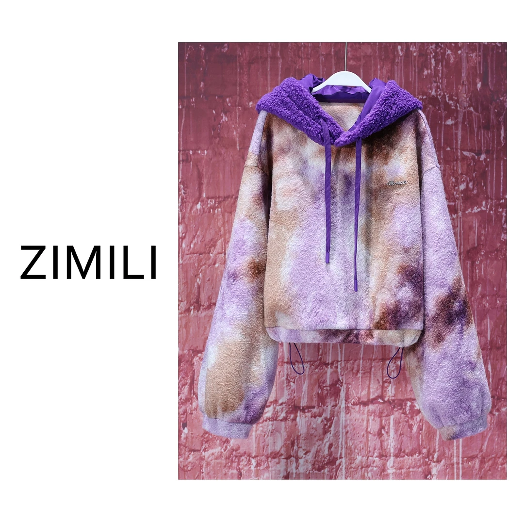 【LIANG哥女装】 冬季意式时尚休闲款紫色混染毛呢连帽外套5728
