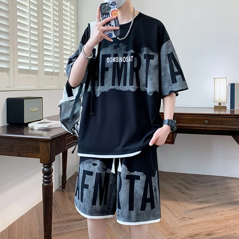 2025夏季新品男士休闲运动套装青少年冰丝短袖T恤百搭短裤t恤1001