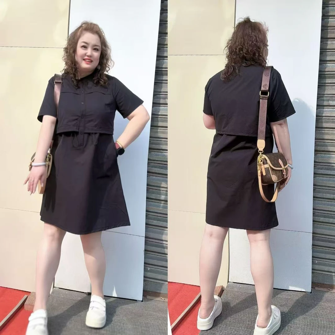 3090（丹姐家）深圳欧货速干假两件工装连衣裙休闲抽绳收腰裙