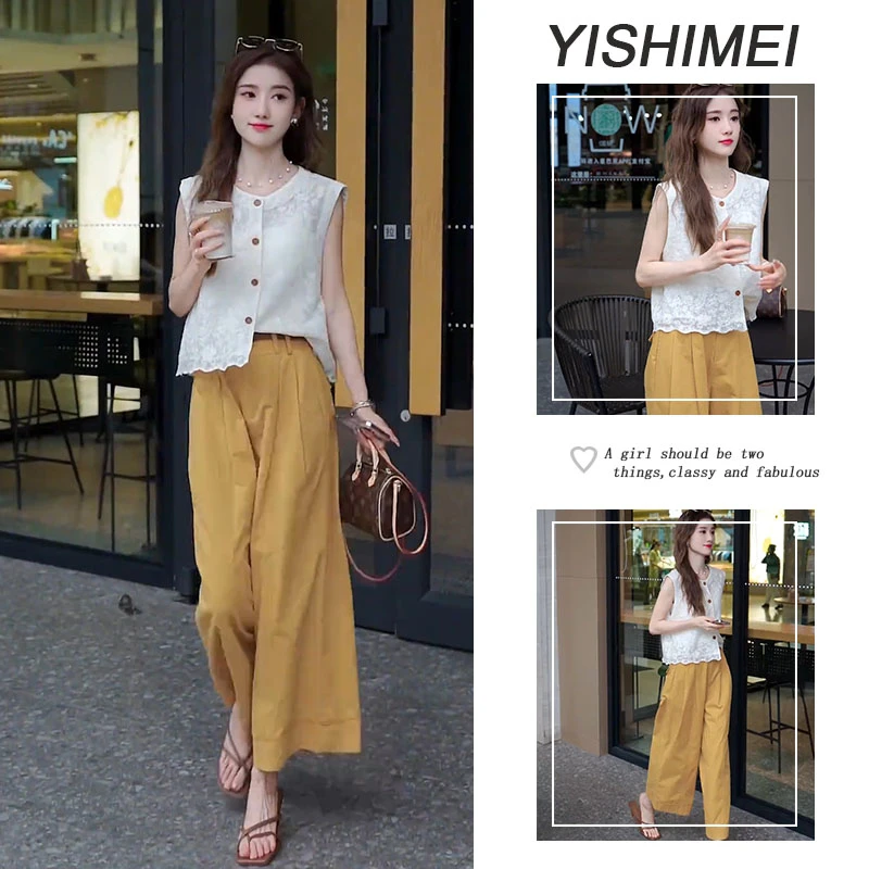 【现货】今年流行2025新款韩系百搭简约无袖上衣显瘦休闲裤套装