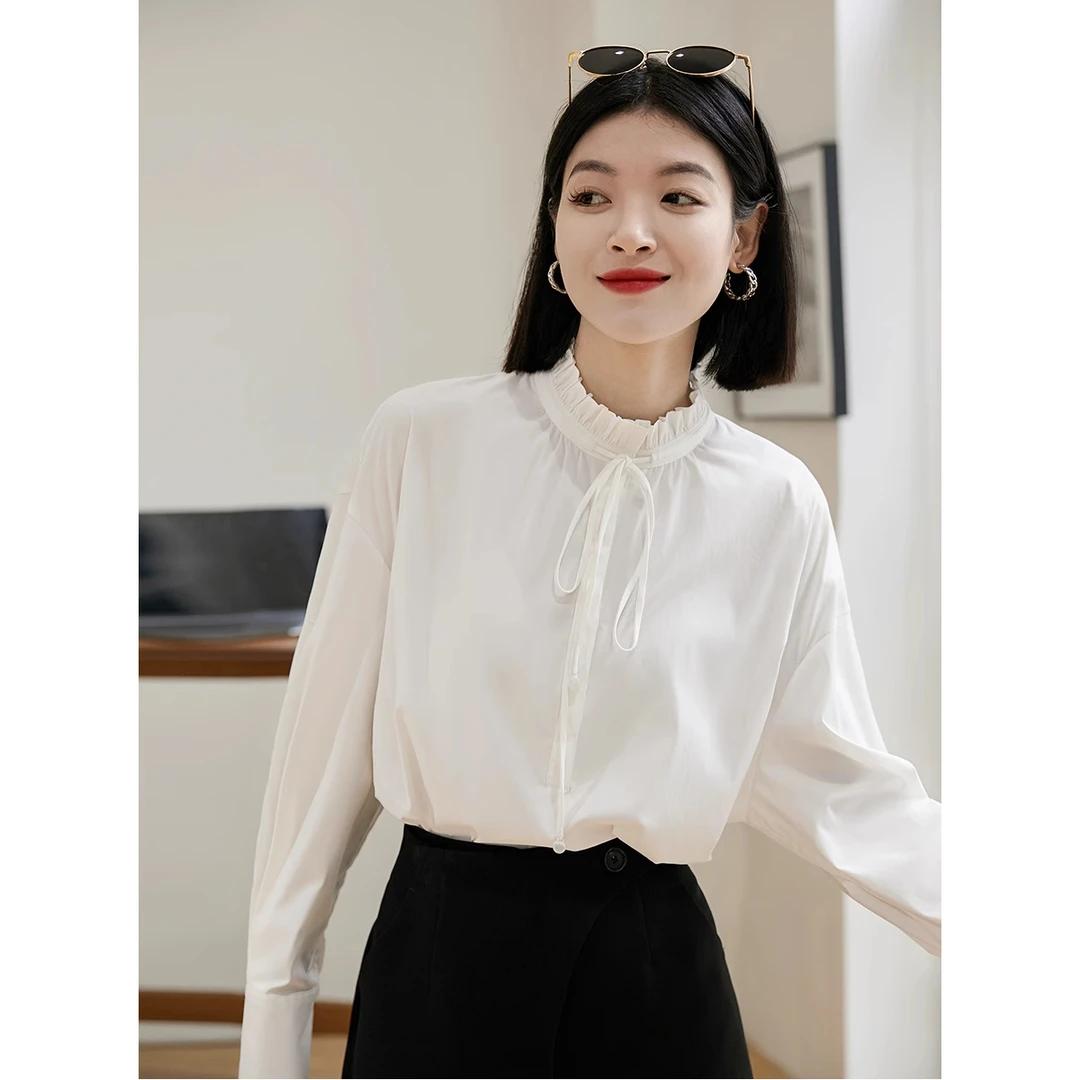 2025新款衬衫 法式木耳边系带领弹力百搭时尚白衬衫