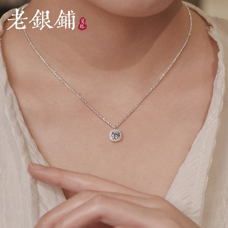 吴越老银铺 坠链均925银合成锆石 S925银方糖百搭纯银项链ins简约