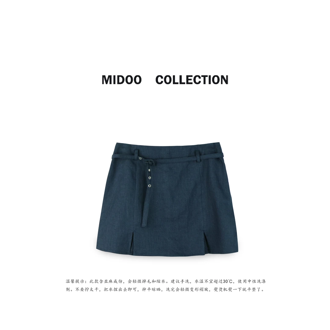 MIDOO 法式短款2024 早春开叉腰带A字亚麻裤裙