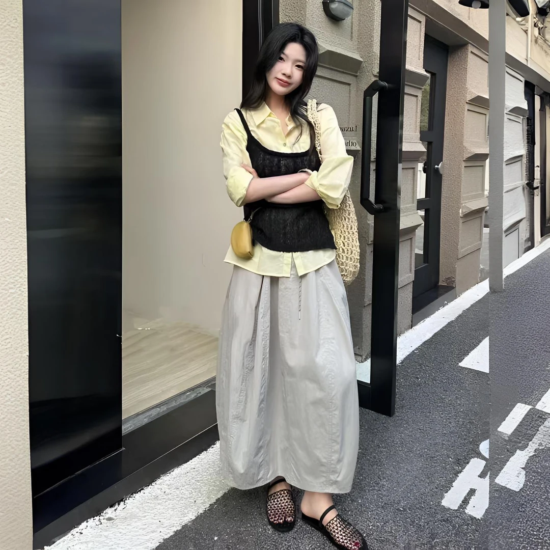 Y拼接简约南瓜裙半身裙少女风中长款夏季裙子高腰拼接花苞裙