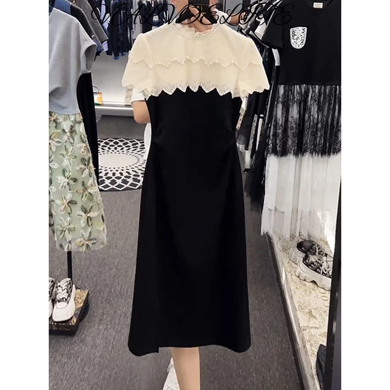 法式圆领拼接蕾丝连衣裙女2025夏季新款设计感正肩显瘦短袖中长裙