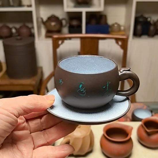 风***风紫砂茶宠二件套上釉主人杯80cc老紫依