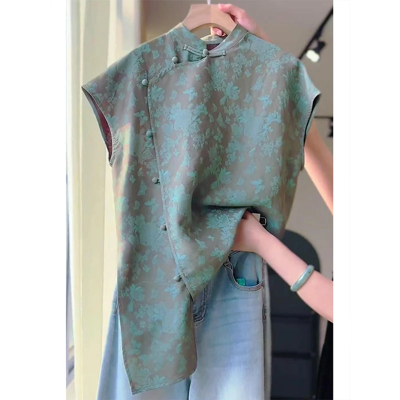 独特漂亮初夏上衣女2025新款爆款气质新中式国风无袖蓝色背心