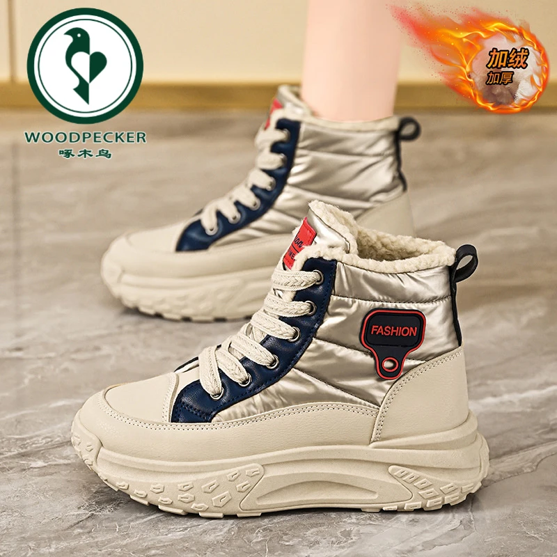 【正品】啄木鸟女新款女鞋保暖高帮雨伞布加绒厚底增高棉鞋轻奢国潮