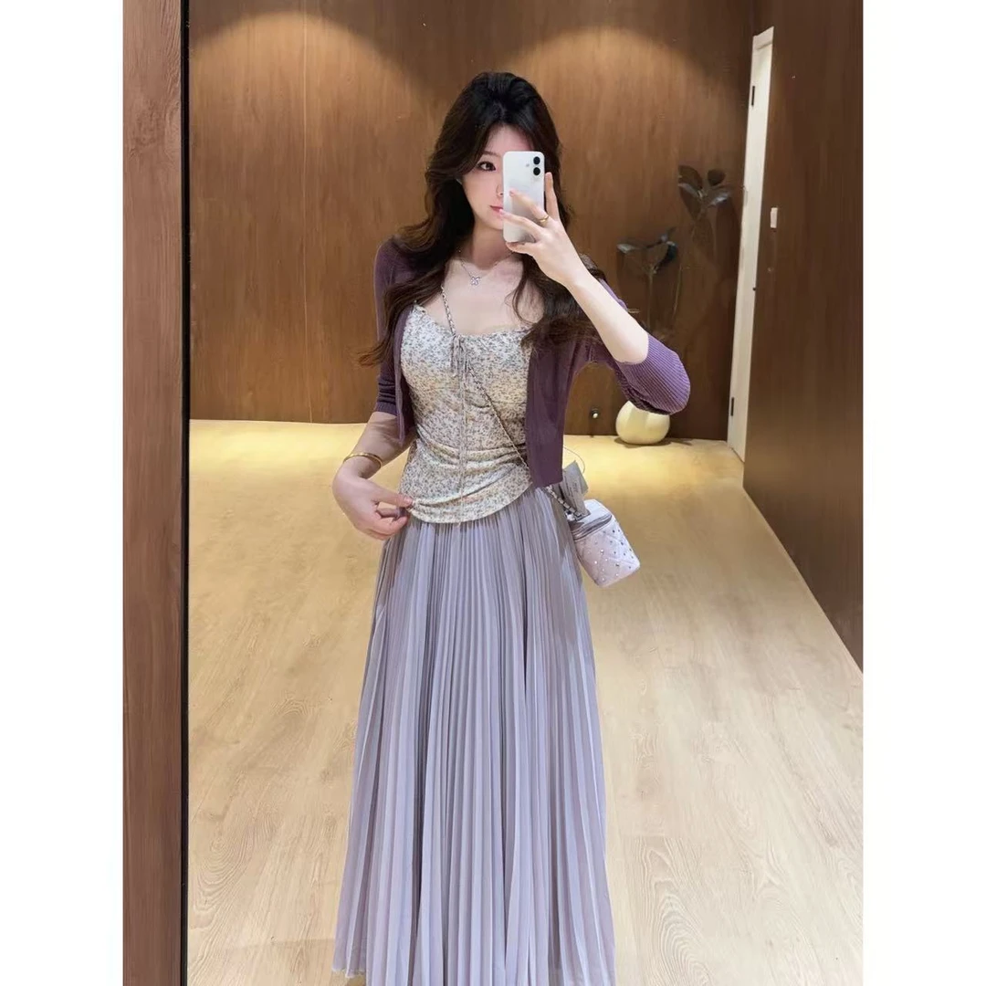 MuMu 早春新款甜辣妹碎花吊带背心+修身显瘦针织外套上衣WP11002商品图