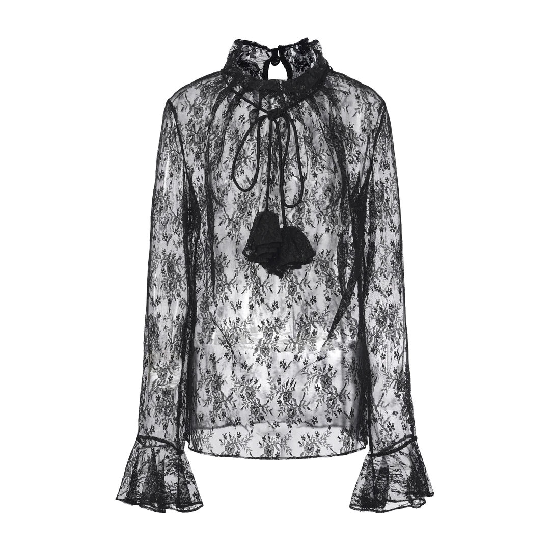 JUNYANG杨君 墨纱栖影蕾丝褶皱上衣