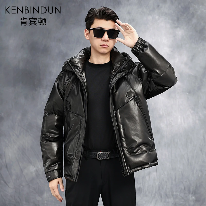 KENBINDUN/肯宾顿 6929真皮羽绒服男牛皮短款连帽鹅绒保暖外套冬