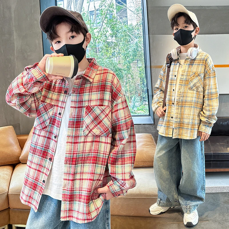 男童衬衫春秋款2025新款男孩秋季中大童童装儿童格子长袖衬衣外套