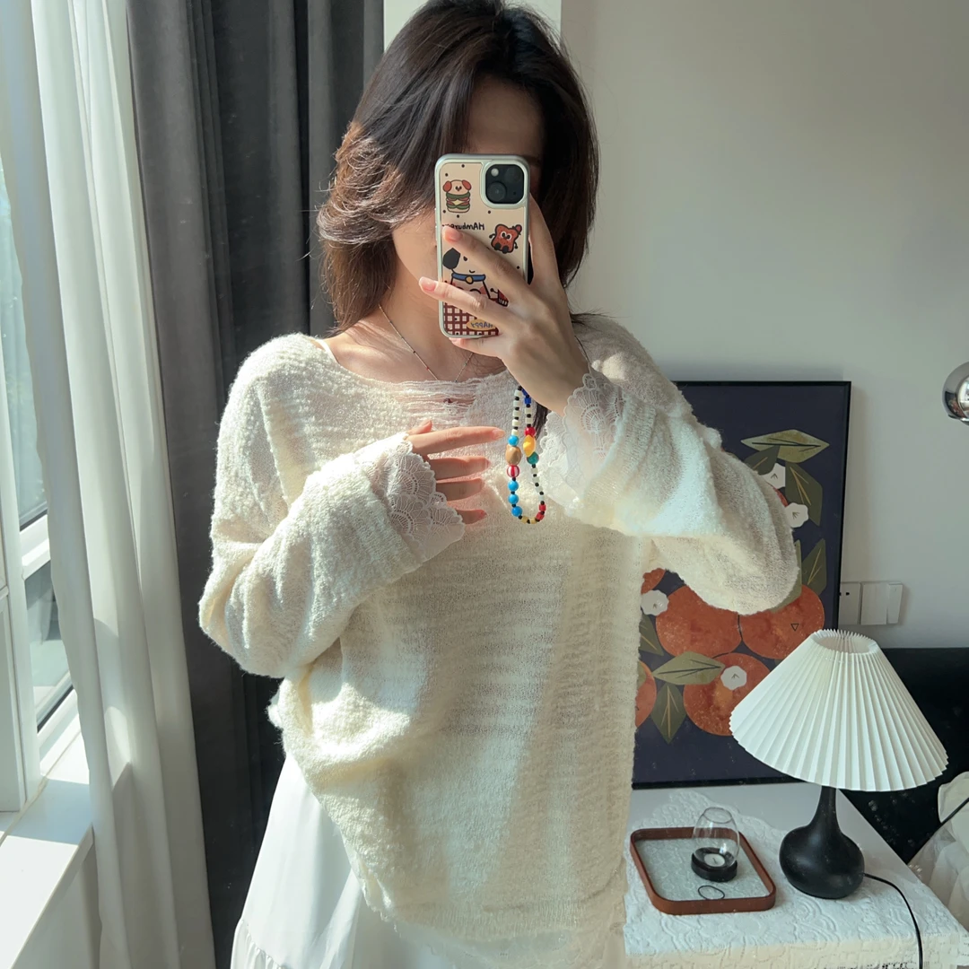 【指尖温柔】【羡鱼】春款蕾丝花边套头针织衫  青HJYZ008