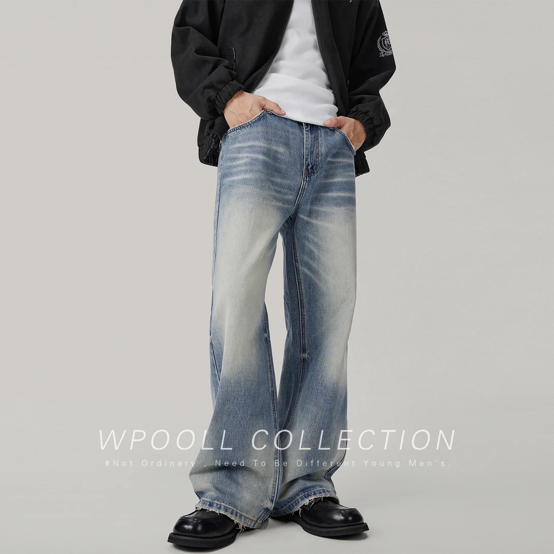 Wpooll2025秋季美式复古水洗猫须牛仔裤男宽松直筒cleanfit阔腿裤