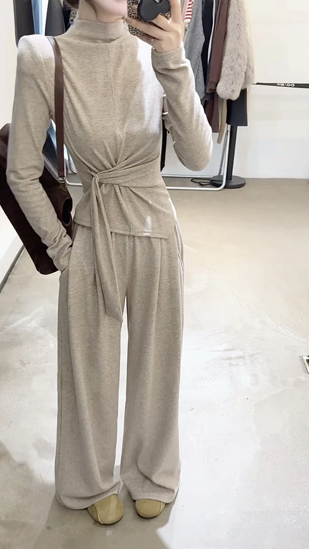 望野集WIdset秋冬极简慵懒风气质套装收腰系带阔腿裤两件套11037#
