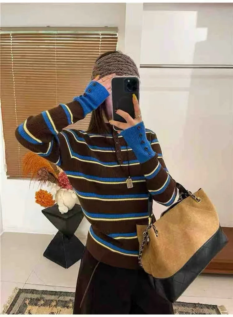韩系条纹设计感长袖针织衫女2025新款小众宽松上衣潮