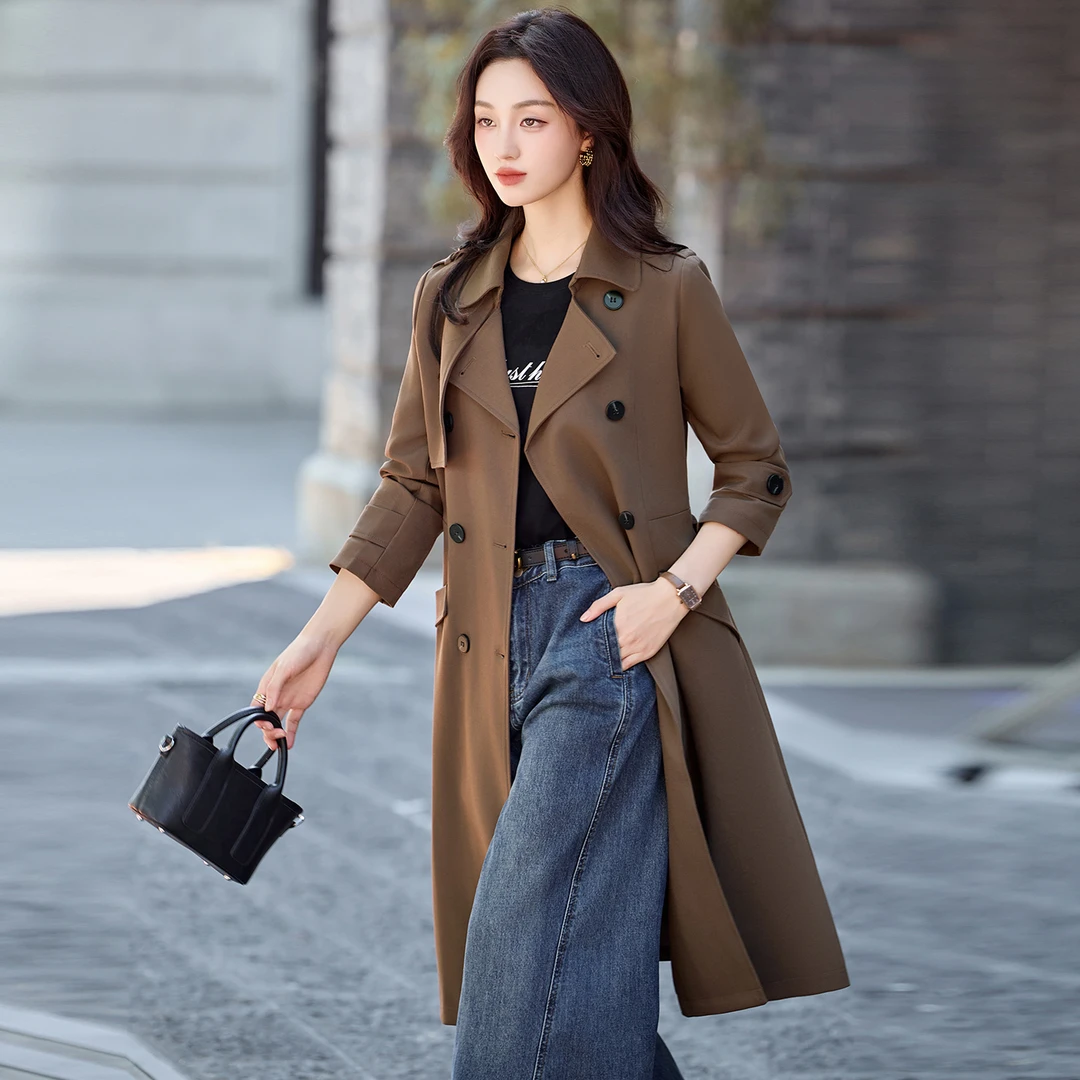 系带收腰风衣女中长款秋季新款2025时尚高级感洋气宽松减龄大衣女
