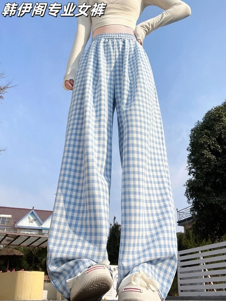 蓝色格子裤女2025夏季新款高腰显瘦宽松休闲格纹裤慵懒风阔腿裤女