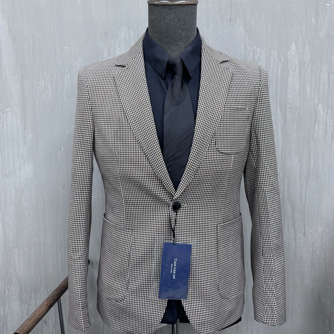 K251春季棕色欧洲站休闲西服千鸟格外套男士新款商务修身格子单西