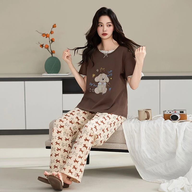 2025夏季新款睡衣女甜美可爱短袖长裤宽松大码200斤全棉家居服女