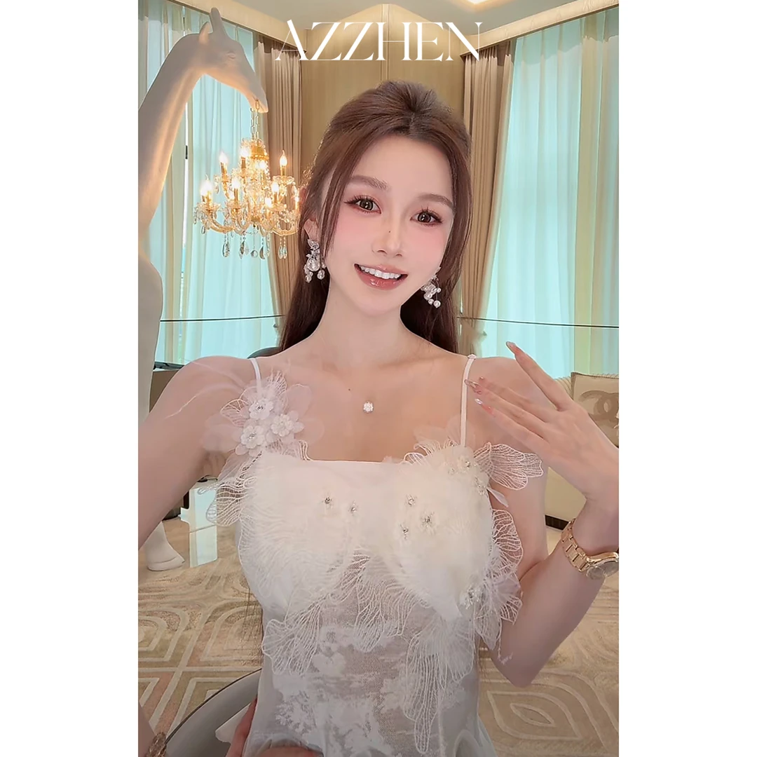 AZZHEN【碧波清浅】不规则荷叶边白色短款网红吊带背心AZ5DST10-00