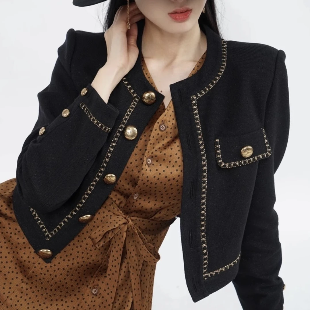 哥弟新款高级感圆领气质撞 色轻奢百搭长袖小香外套1400677