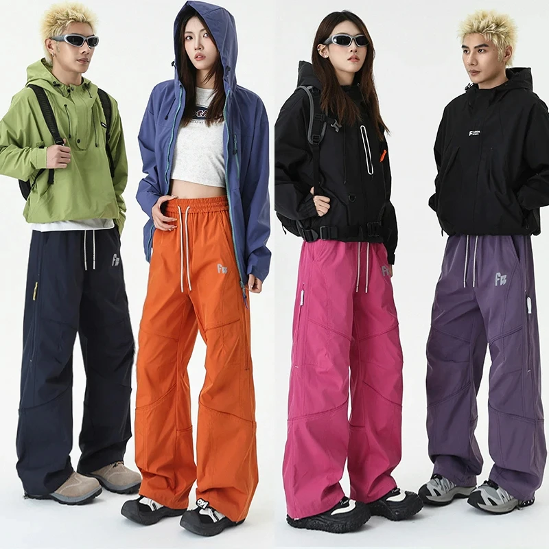 设计感高街潮牌户外情侣冲锋裤秋冬季直筒防风防水潮流加绒工装裤